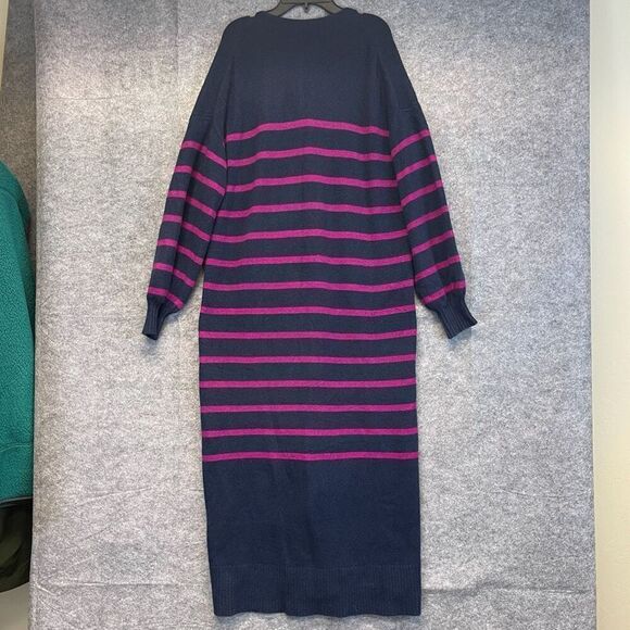 LOFT Long Cardigan Sweater Dress Women's Large Pink Navy Striped Knit Button Up - Picture 12 of 16